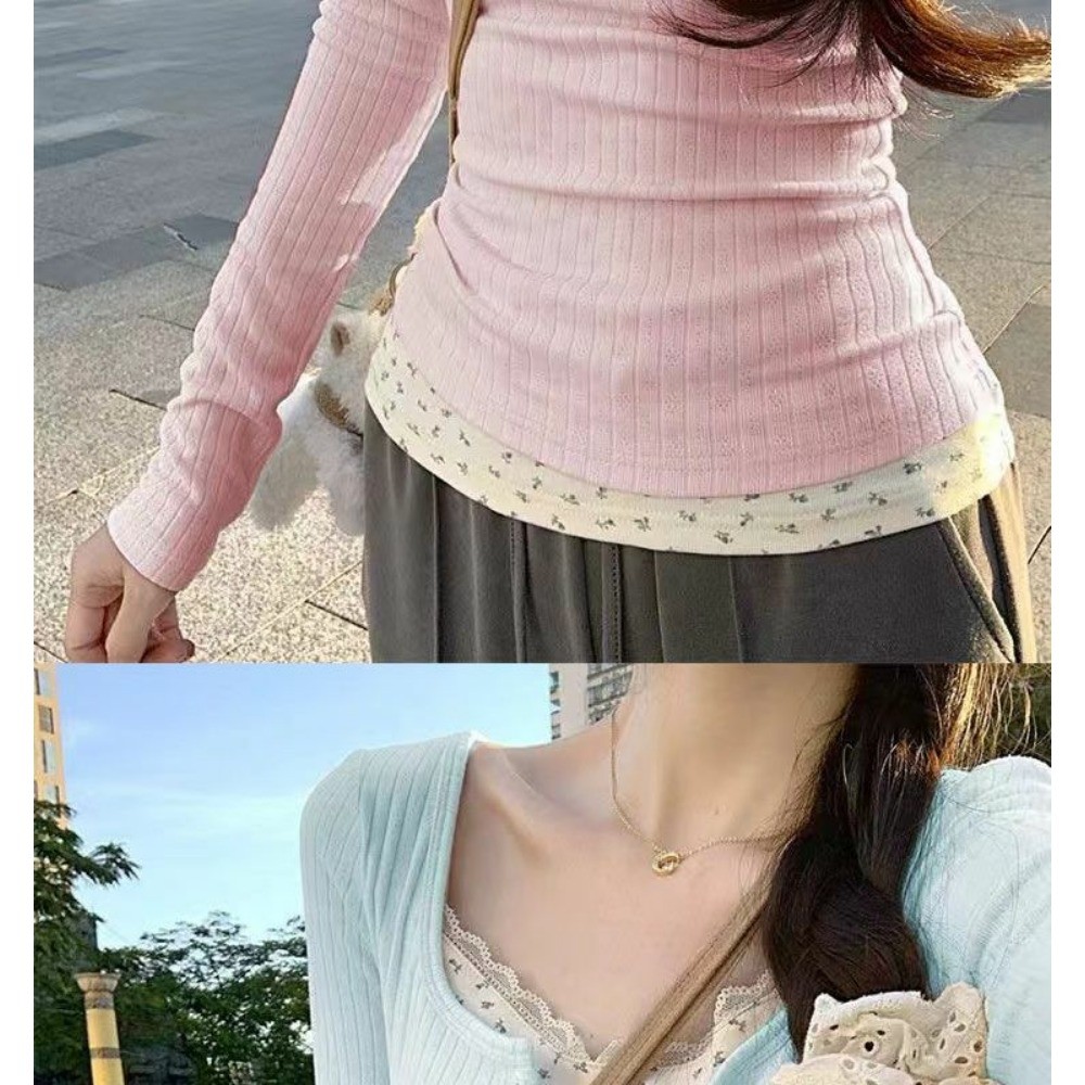 RICH-THEY Áo Thun Dài Tay Nữ Áo Bó Hoa Cổ Tròn Thời Trang Hai Mảnh Giả Phong Cách Hàn Quốc Mới | BigBuy360 - bigbuy360.vn