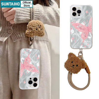 Suntaiho Thẩm Mỹ Dây Buộc Dễ Thương Gấu Họa Tiết Bướm Vỏ Điện Thoại Trong Suốt Mờ Mềm Cao Cấp Chống Sốc Cho IPhone 11 12 13 14 15 16 Pro Max IP 7 8 Plus Iphon X Xs XR Xs Max