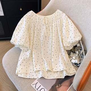 Nhân Top Phong Cách Pháp Puff Tay Màu Be Chấm Bi Áo Sơ Mi Nữ Mùa Hè 2024 Phong Cách Mới Retro Rời Ren Cổ Tròn Tay Ngắn WW