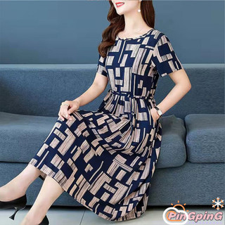 2024 HẤP DẪN!! Phụ Nữ Mùa Hè Tay Ngắn Đầm Thanh Lịch Phong Cách In Hình Cổ Tròn Váy Midi Size Lớn Rời Đầm Thường Ngày