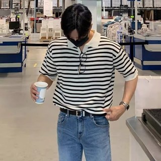 Áo nam tay ngắn dệt kim phong cách Hàn Quốc mỏng vừa vặn sọc thời trang cổ polo cổ áo nửa tay áo thun đáy áo sơ mi nam