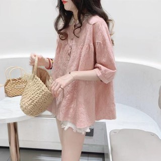 Búp Bê Hàng Đầu Phong Cách Hàn Quốc Rời Ngọt Ngào Ren Cổ Khâu Thêu Màu Trơn Cotton Vải Lanh Búp Bê Cổ Áo Sơ Mi Nữ Tay Ngắn