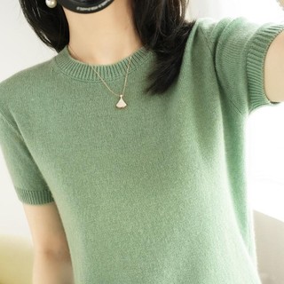 Phiên Bản Hàn Quốc Áo Thun Dệt Kim Màu Trơn Cổ Tròn Đáy Rời Tay Ngắn Top P