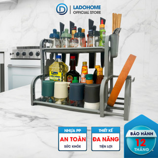 Kệ để gia vị nhà bếp 2 tầng LADOHOME có ngăn để thớt nắp nồi, ống muỗng đũa và móc treo, chất liệu nhựa PP bền đẹp
