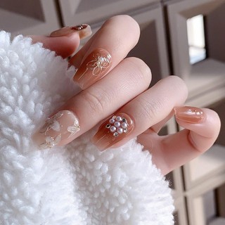 Handmade Mặc Móng Tay Ngắn Vuông Hoa Trắng Nhẹ Nhàng Gradient Cổ Tích Thời Trang Phù Hợp Với Móng Tay Trắng