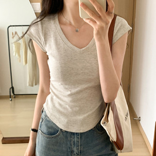 Mùa Hè Hot Girl Cổ Chữ V Không Đều Nguyên Chất Desire Phong Cách Quần Lót Áo Thun Tay Ngắn Thiết Kế Eo Ôm Ngắn Top