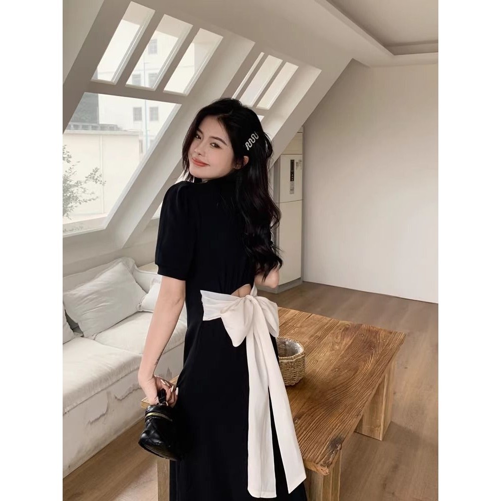 【Bess's house】váy bigsize nữ, chân váy dài 2 dây, cổ polo ngắn tay hở lưng 2024, đen nhỏ ôm eo mùa hè, tiểu thư sang chảnh, Liền | BigBuy360 - bigbuy360.vn
