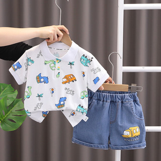 Bé Trai Mùa Hè Quần Áo Phù Hợp Với Bé Trai Mới Tay Ngắn Ve Áo Hoạt Hình Áo Sơ Mi Polo Với Quần Short Denim Bộ Quần Áo Trẻ Em