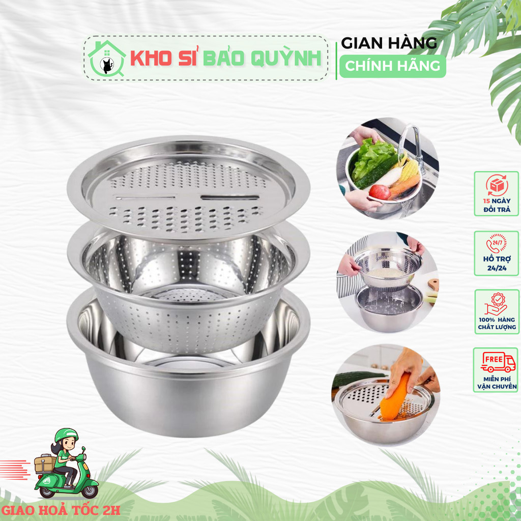 Bộ thau rổ bào - Bộ rổ, chậu kèm nạo rau củ quả inox đa năng 3in1- Bộ 3 món bào nạo rau củ kiêm rổ v