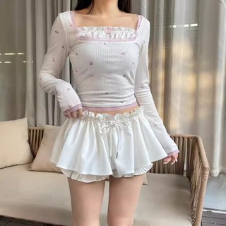 Chân váy ngắn kèm quần kiểu xòe phối dây rút eo - 25 store