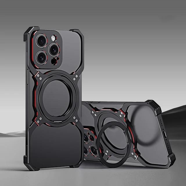 Ốp lưng kim loại từ tính không vành tương thích cho iPhone 15 Pro Max 14 13 Ốp lưng hợp kim nhôm 360° Vòng xoay Giá đỡ khung bảo vệ ống kính