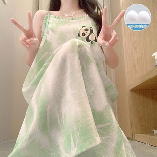 Bong Bóng Cotton Có Miếng Lót Ngực Trượt Váy Ngủ Ren Gấu Trúc Tua Rua Bộ Đồ Ngủ Nữ Xanh Mùa Hè Rời Đầm