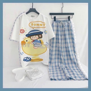 Sét bộ áo nam nữ quần kẻ Unisex Full Form to, rộng rãi, thoải mái, NHIỀU MẪU HOT, đồ bộ hoạt hình Freesize DVGIT