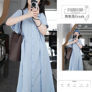 Váy Liền Sơ Mi Kẻ Sọc Ngắn Tay Rộng Rãi Khí Chất Pháp Váy Dài Tôn Dáng Chít Eo Thiết Kế Dáng Người Nhỏ Mùa Hè Cho Nữ