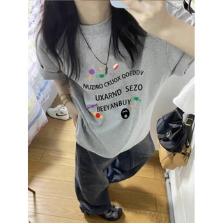 「RTVY」Áo thun Cotton ngắn tay nguyên chất dành cho nữ quá khổ in chữ Mỹ dáng rộng nửa tay