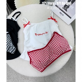 Set 2 Áo Dây Kẻ Sọc Caro Thêu Chữ 'Forever 18' Thời Trang
