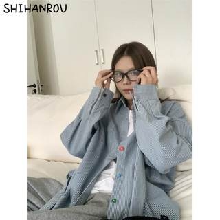Shihanrou Áo sơ mi denim màu dài tay họa tiết sọc đen Trang phục nữ