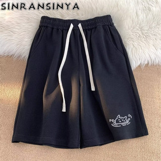 Sinransinya Quần Short Nam Mới Nhật Bản Retro Cổ Điển Sang Trọng Dây Rút Họa Tiết Hoạt Hình In Hình Cảm Thấy Rời Cặp Đôi Thiếu Niên Thời Trang Chân Thẳng Capris