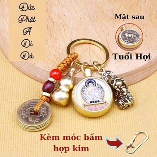 Móc Khóa Phật Bản Mệnh Và 12 Con Giáp Xoay kèm Tỳ hưu, hồ lô rỗng và dây vàng Kèm Móc Và Cát (S-15)