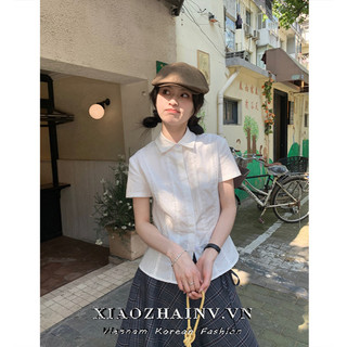 Xiaozhainv Áo Sơ Mi Tay Ngắn Màu Trắng Nữ Mùa Hè Preppy Thiết Kế Sense Ren Slim Fit Áo Sơ Mi
