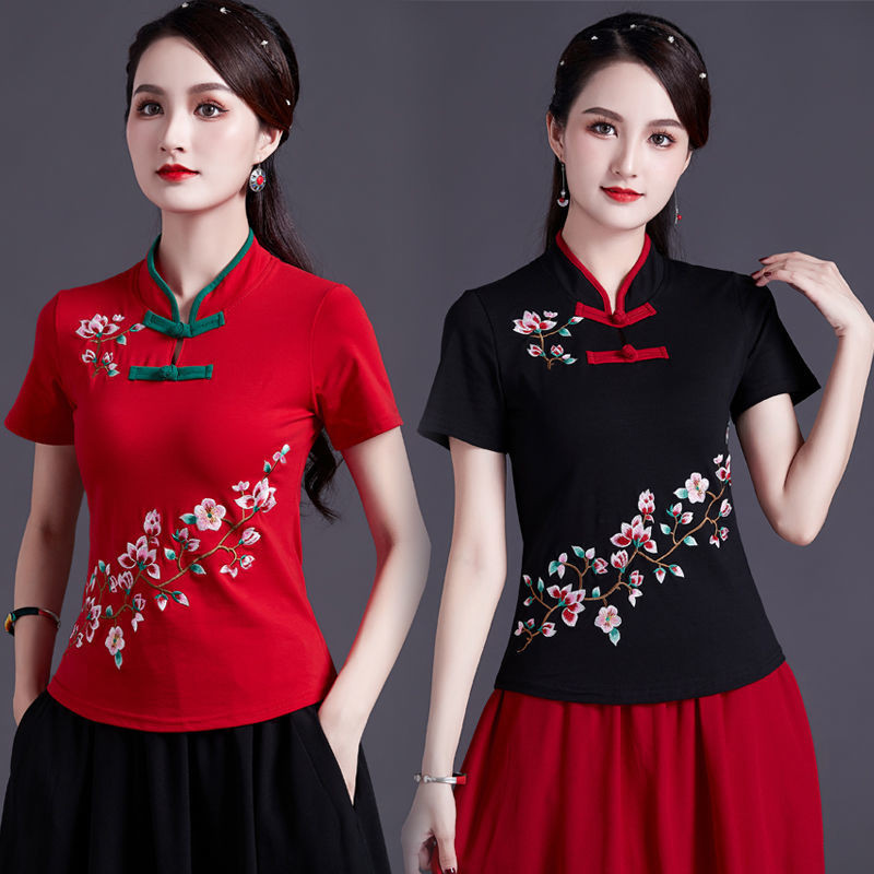 Cotton Linen Top Women Ethnic Style Blouse New Style Retro Chinese Style Embroidered Stand-Up Collar