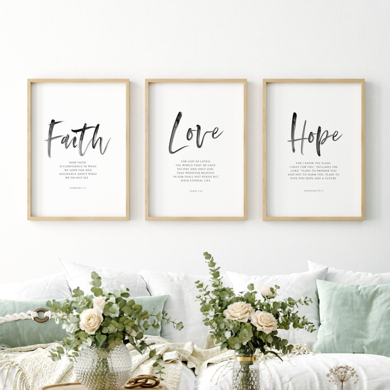 Faith Hope Love câu Kinh thánh nghệ thuật treo tường có thể in được, Do Thái 11 1, Jeremiah 29 11, J