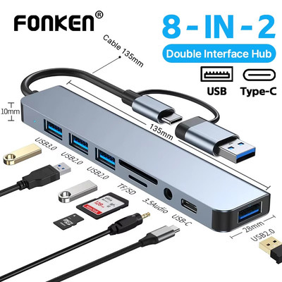 Fonken 8 trong 2 cổng Type C Hub 3.0 USB C Bộ tập trung Docking USB 3.0 / 2.0 Bộ chuyển đổi đa năng Đầu đọc thẻ SD TF Bộ chia mở rộng âm thanh
