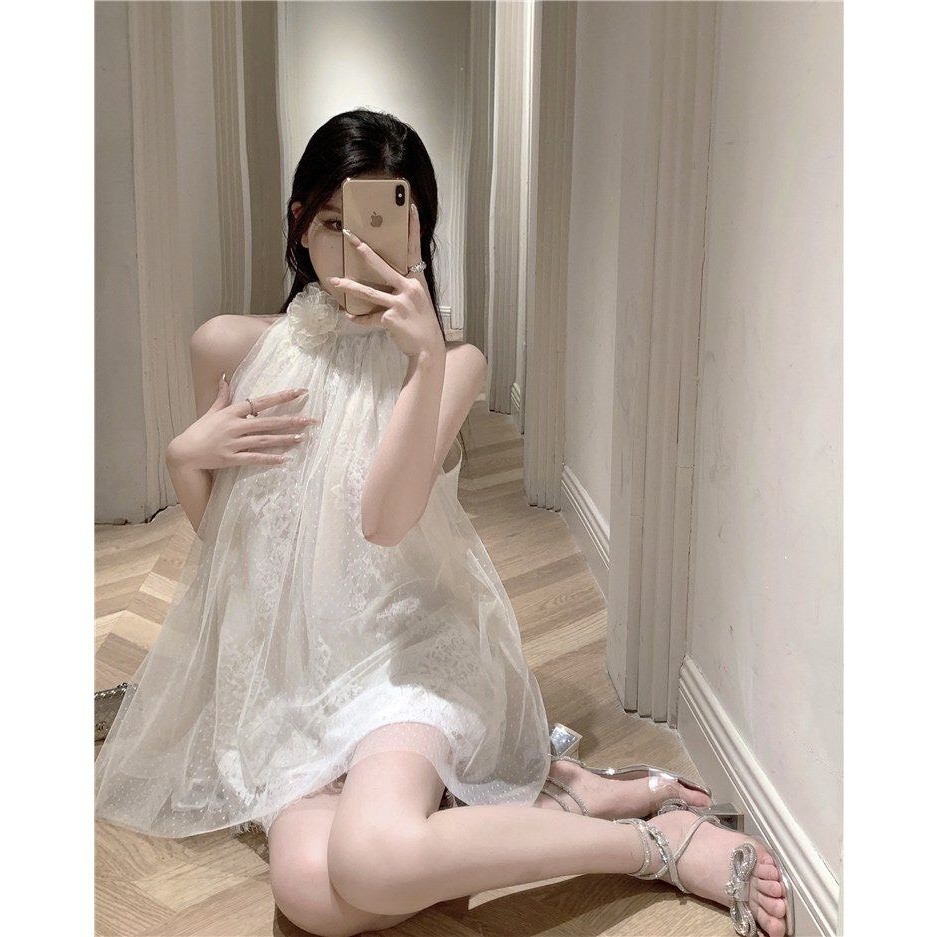 Đầm váy cổ yếm phối ren hoa dáng ngắn baby doll, đầm nữ đi tiệc thời trang mùa hè SAMIMI SP138 | BigBuy360 - bigbuy360.vn