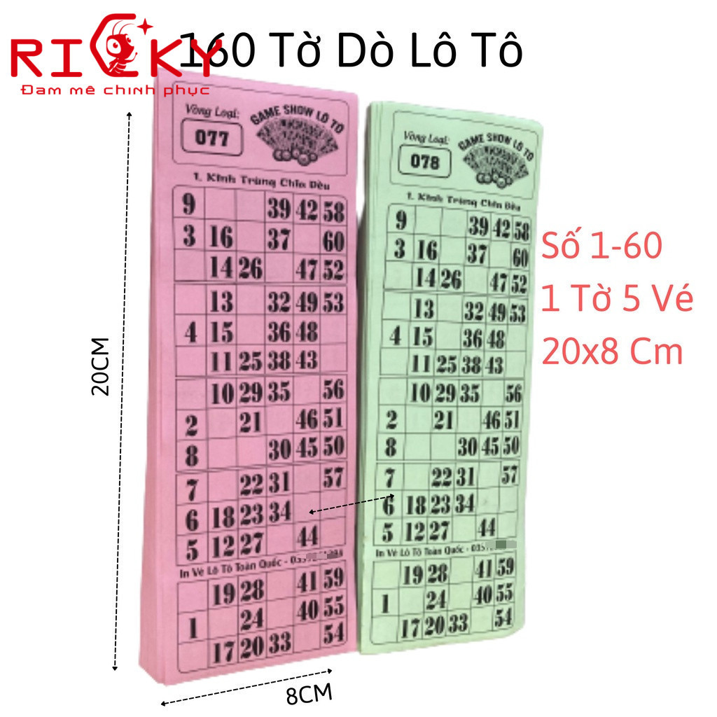 Vé Dò Loto ( Lô tô) 160 Tờ 60 Số( Dùng đươc cho Bộ 75 Số 90 Số) -Bingo 75 Số Và Các Mẫu Cờ Chơi Tết