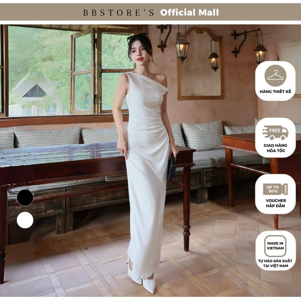 [MissChic x BBSTORE'S] Đầm Dài Lệch Vai Nhún Eo Chất Thun Boa - D4314T