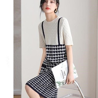 Mùa Hè 2024 Mới Pháp Giả Hai Mảnh Tay Ngắn Dệt Kim Nữ Mỏng Băng Lụa Cổ Tròn Ống Thẳng Váy
