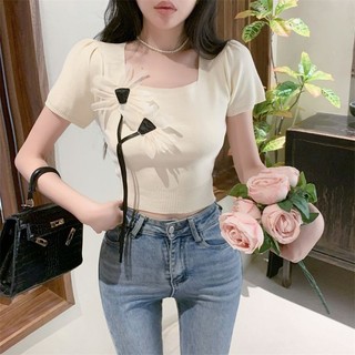 Hoa Mùa Hè Cổ Vuông Dệt Kim Nữ Retro Tay Ngắn