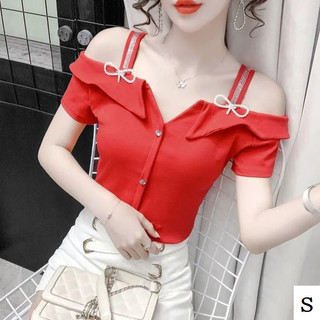 Áo Sơ Mi Ngoài Vai Nữ Tay Ngắn 2023 Phong Cách Mới Thiết Kế Mùa Hè Niche Đẹp Pure Desire Sling One-Shou
