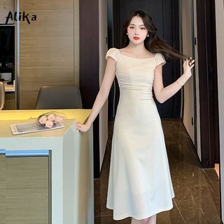 Váy nữ Alika ánh trăng trắng dịu dàng khí chất gợi cảm đơn giản đa năng Hàn Quốc váy dài eo thon gọn