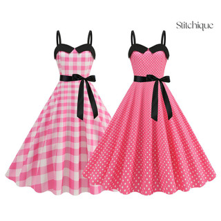 Stitchique _ Đầm Nữ Retro Chữ A Lớn Xoay Chặt Cao Cấp Nơ Trang Trí Không Tay Cổ Chữ V Kẻ Sọc Chấm In Màu Sắc Tương Phản Tiệc Cưới Prom Bóng Áo Midi Mùa Hè