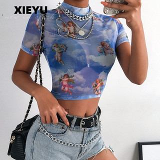 Áo thun croptop cổ cao tay XIEYUShort có phong cách in hình thiên thần harajuku đường phố gợi cảm dành cho nữ