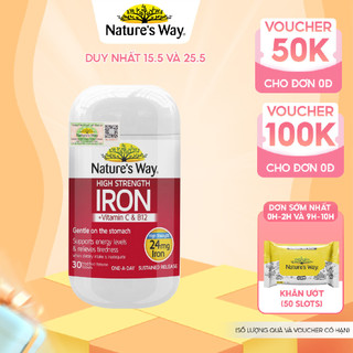 Viên Uống Sắt Hữu Cơ Nature’s Way High Strength Iron Cung Cấp Vitamin C Và B12 Hỗ Trợ Tuần Hoàn Máu Cho Người Lớn 30v/h