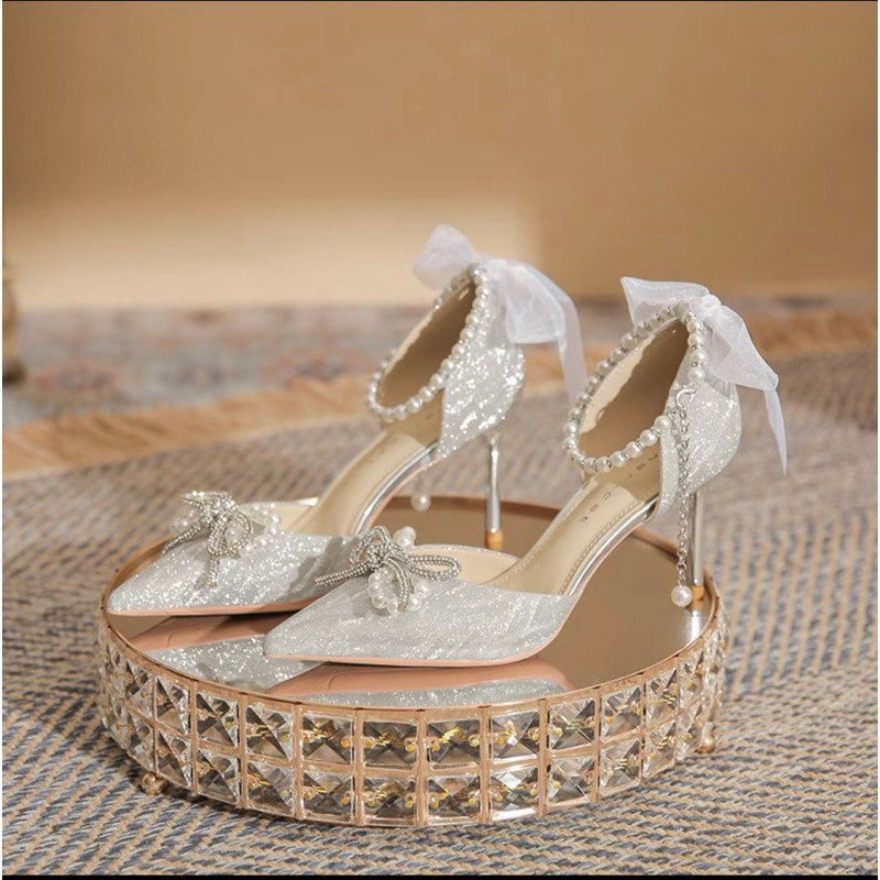 Giày cao gót sục min nơ ngọc dây hậu chuỗi ngọc gót cao 7cm,9cm dành cho nàng đi chơi,đi tiệc đây ạ