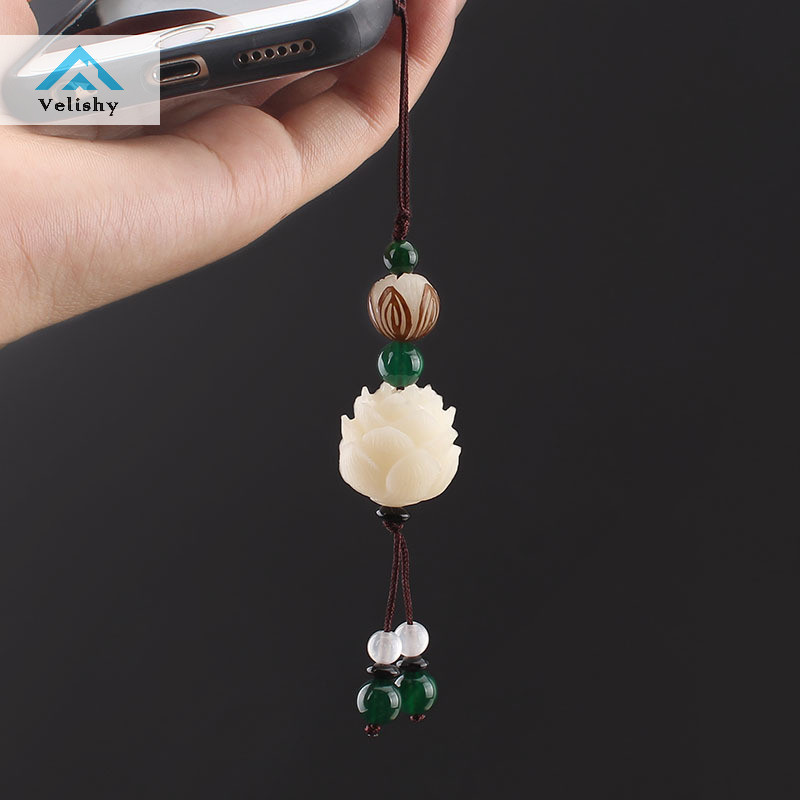 Velishy Vintage Handmade Khắc Bồ Đề Hoa Sen Móc Khóa Dành Cho Nữ Gỗ Trang Sức Treo Ch Đơn Giản Đính Hạt Móc Khóa