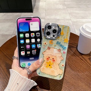 ENVEL mới tranh sơn dầu hoạt hình vỏ điện thoại chống rơi cừu, tương thích với iPhone16Promax  15Plus 14Pro 13 1211đi kèm với màng ống kính và giá đỡ điện thoại Vỏ cứng PC