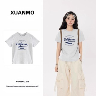 XUANMO Local brand Áo baby tee Áo Thun ôm body Áo y2k 100% cotton Áo thun ngắn tay màu xám in họa tiết thời trang mới 2025 phong cách Hàn Quốc cho phụ nữ