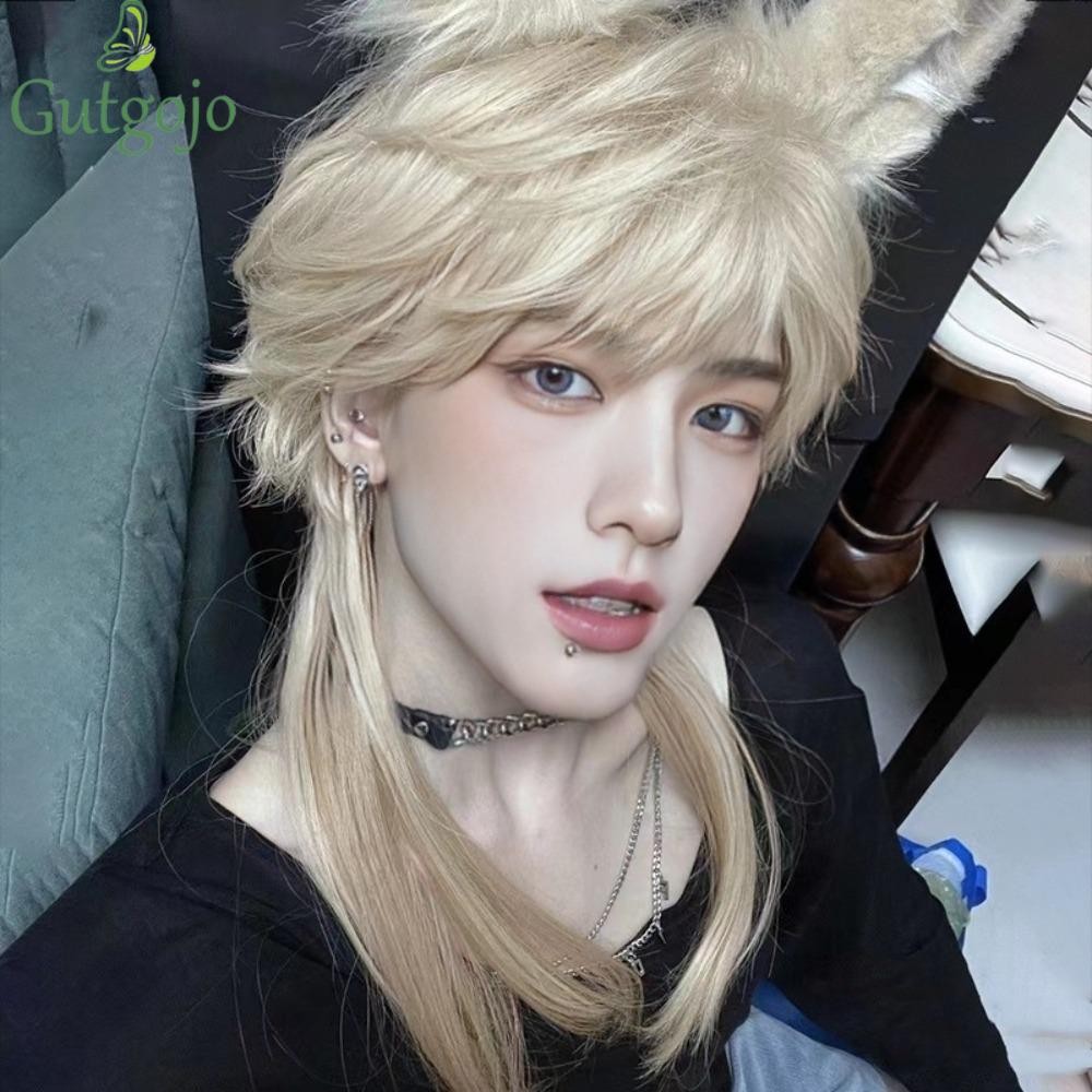 Gutgojo Đầu Mullet Tóc Giả Có Nổ, Tóc Giả Cosplay Dài Lông Tơ Tổng Hợp, Đuôi Sói Thẳng Màu Xanh Chịu