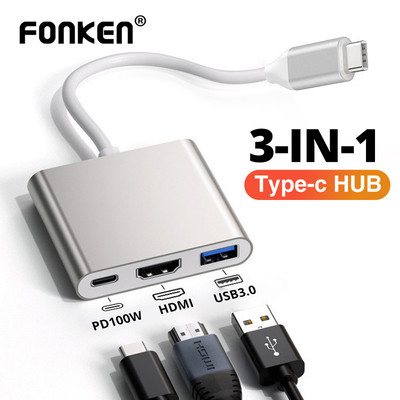 Fonken 3 trong 1 USB HUB Type-C sang HDMI Splitter HUB PD100W USB3.0 Docking Station cho McBook Air Pro Samsung