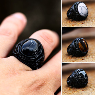 Mắt Hổ Đen Trắng Ngọc Trai Phong Cách Vintage Đá Quý Nam Punk Trang Sức Thời Trang Nhẫn Chunky