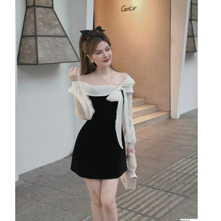Đầm trễ vai dự tiếc tay dài buộc nơ điệu đà phối tay bông phong cách tiểu thư- D027