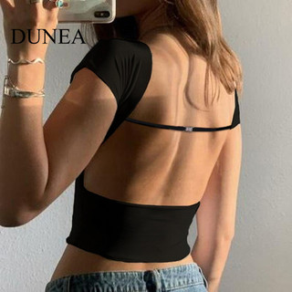 Áo thun ngắn tay trang trí dây cổ điển dành cho nữ DUNEA