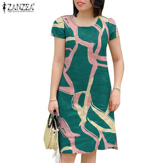 Đầm in hình cổ chữ O tay ngắn dáng rộng thời trang dành cho nữ ZANZEA