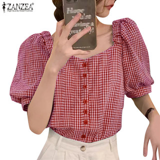 Zanzea Áo sơ mi ngắn tay cổ vuông cổ vuông in họa tiết kẻ sọc Hàn Quốc