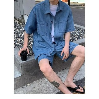 【luckin men's】quần áo nam mùa hè，Mùa Hè 2024 Mới Mỏng Denim Bộ Dành Cho Nam Đẹp Trai Rửa Hai Mảnh Áo Sơ Mi Tay Ngắn Capris Casual Đa Năng，bộ quần áo nam mùa hè，set đồ nam bigsize，set denim nam