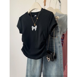 Suxi Mùa Hè Mới Thời Trang Cổ Tròn Cotton Nơ In Xếp Ly Slim Fit Crop Tops 240605